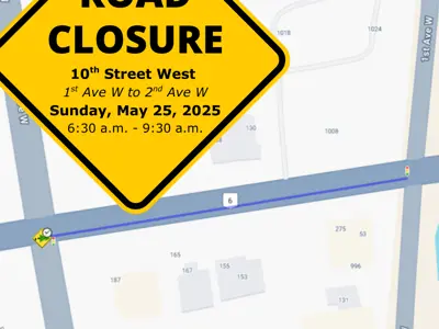 10th St W road closure map between 1st Ave W and 2nd Ave W