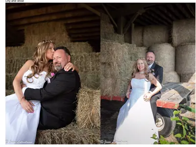 Bride and groom sitting on hay bales