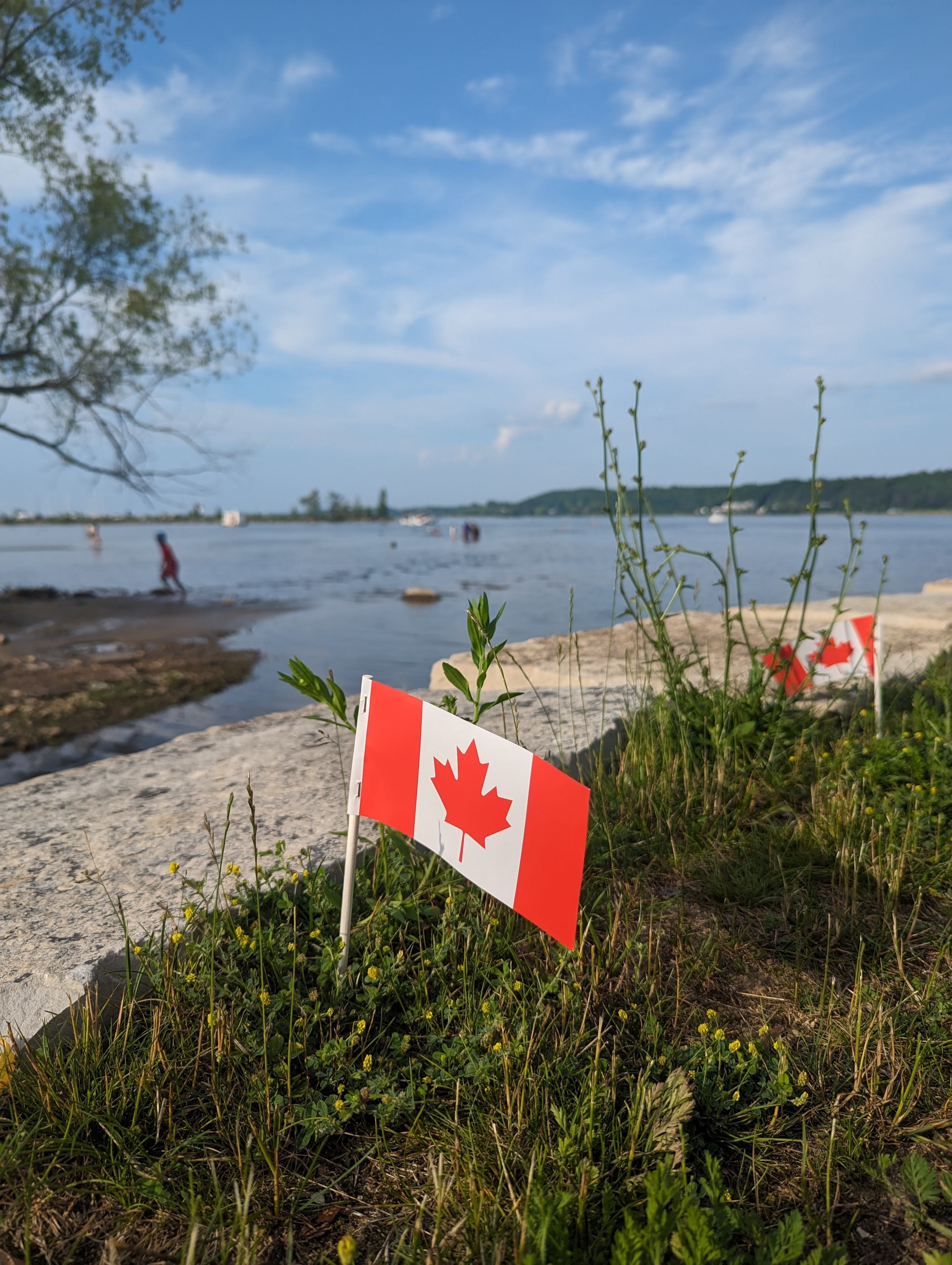 Canada flag in front of shoreline